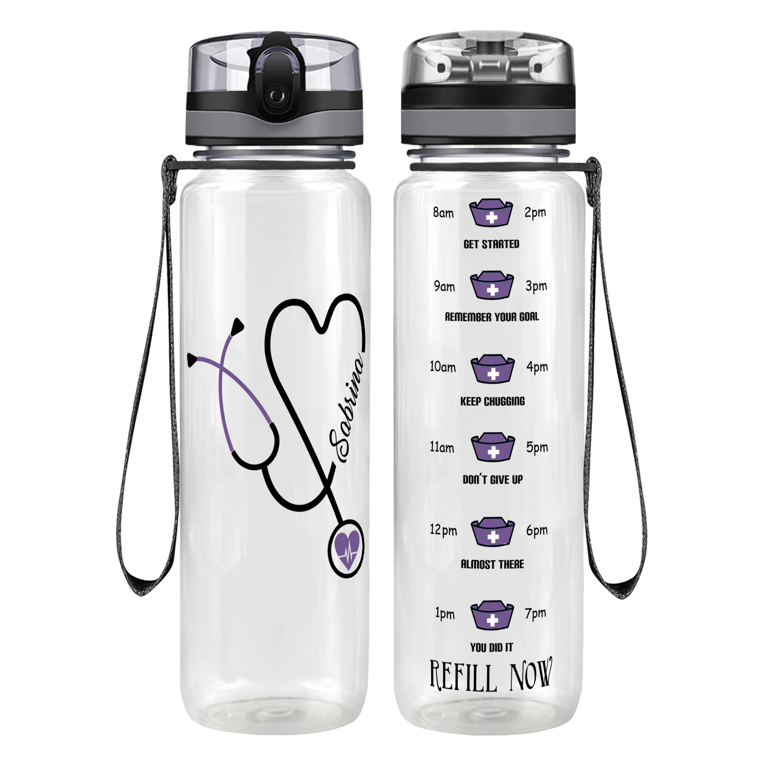 Personalized Nurse Water Bottle Stethoscope Purple Motivational Tracking Water Bottle