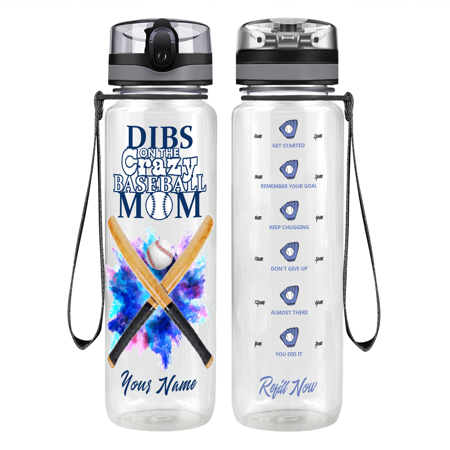 Personalized Dibs on the Baseball Mom on 32 oz Motivational Tracking Water Bottle