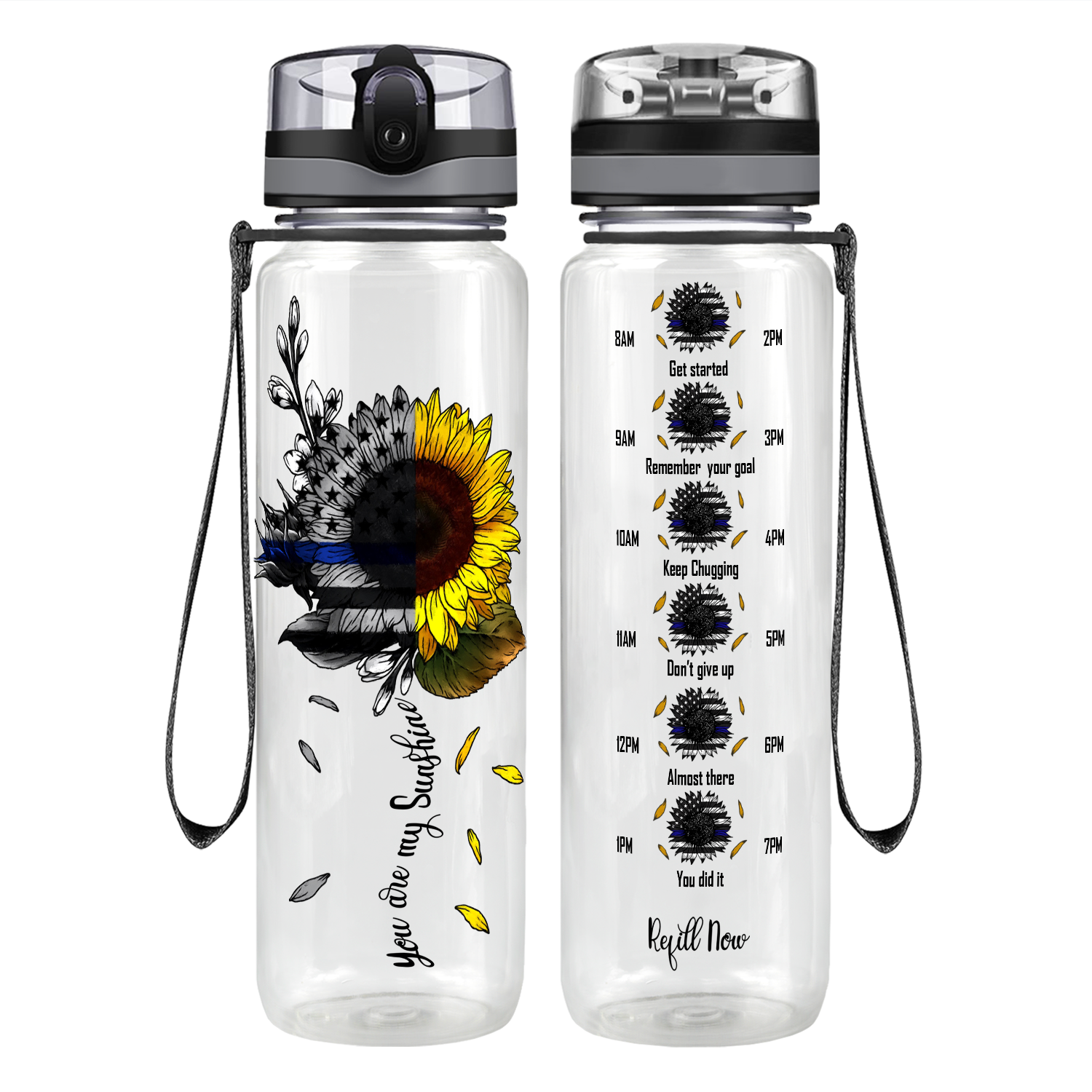 You are my Sunshine Thin Blue Line Sunflower Motivational Tracking Water Bottle
