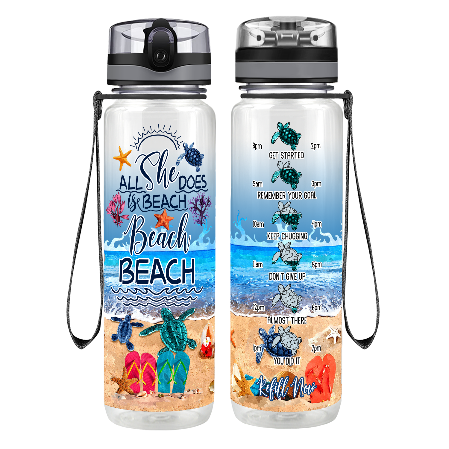 Personalized All She Does is Beach Beach Beach Motivational Tracking Water Bottle