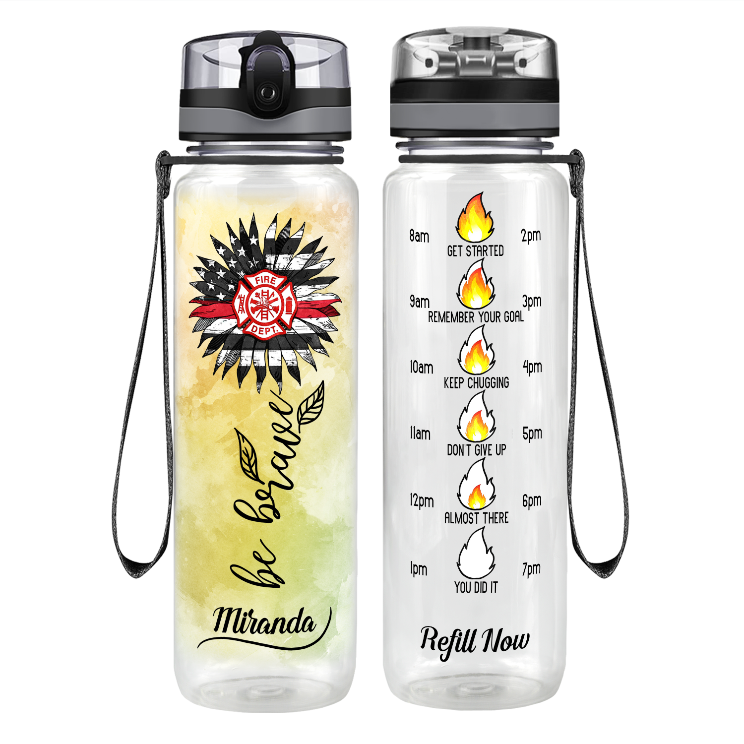 Personalized Firefigher Be Brave on 32 oz Motivational Tracking Water Bottle