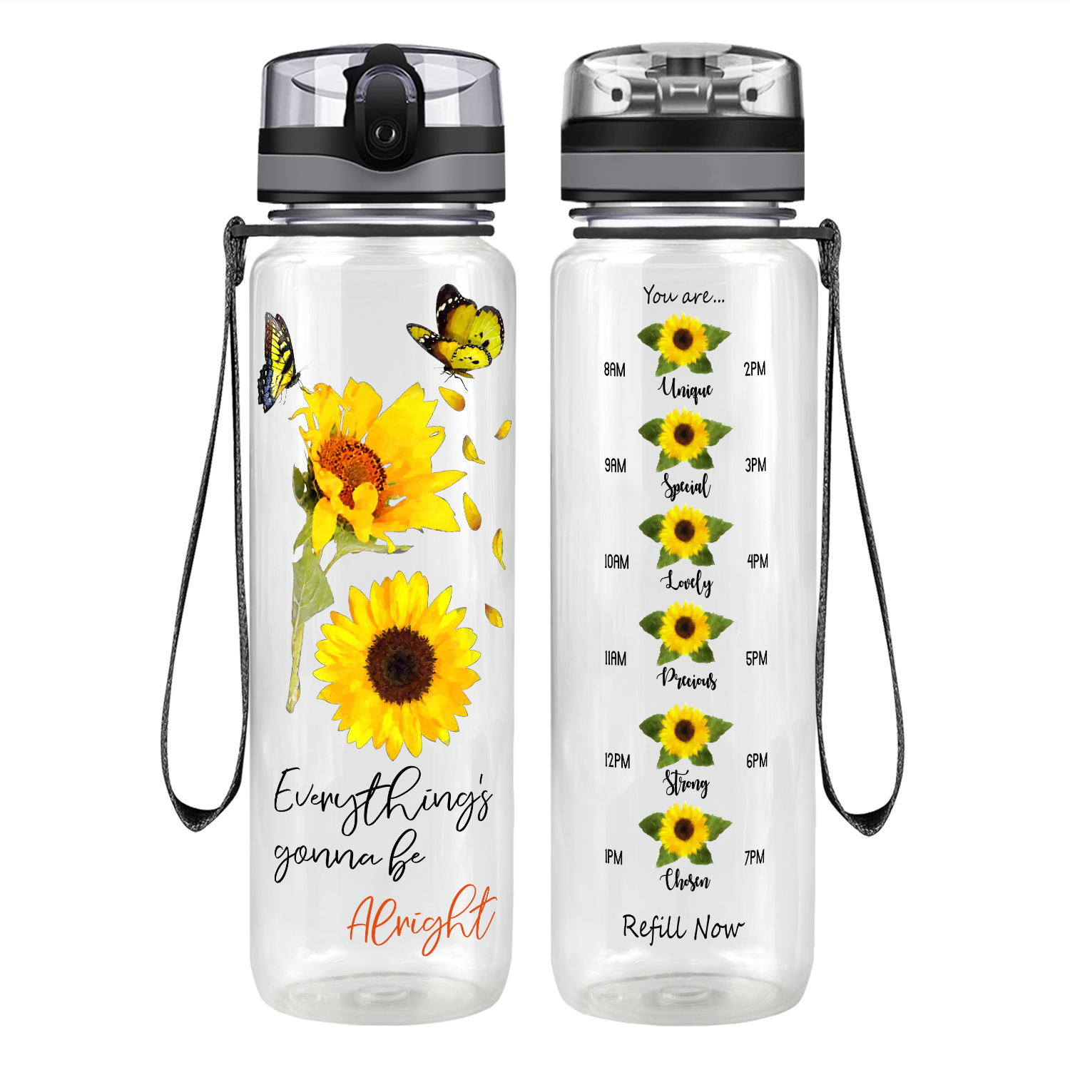 Everything's Gonna Be Alright Sunflower with Butterflies Motivational Tracking Water Bottle