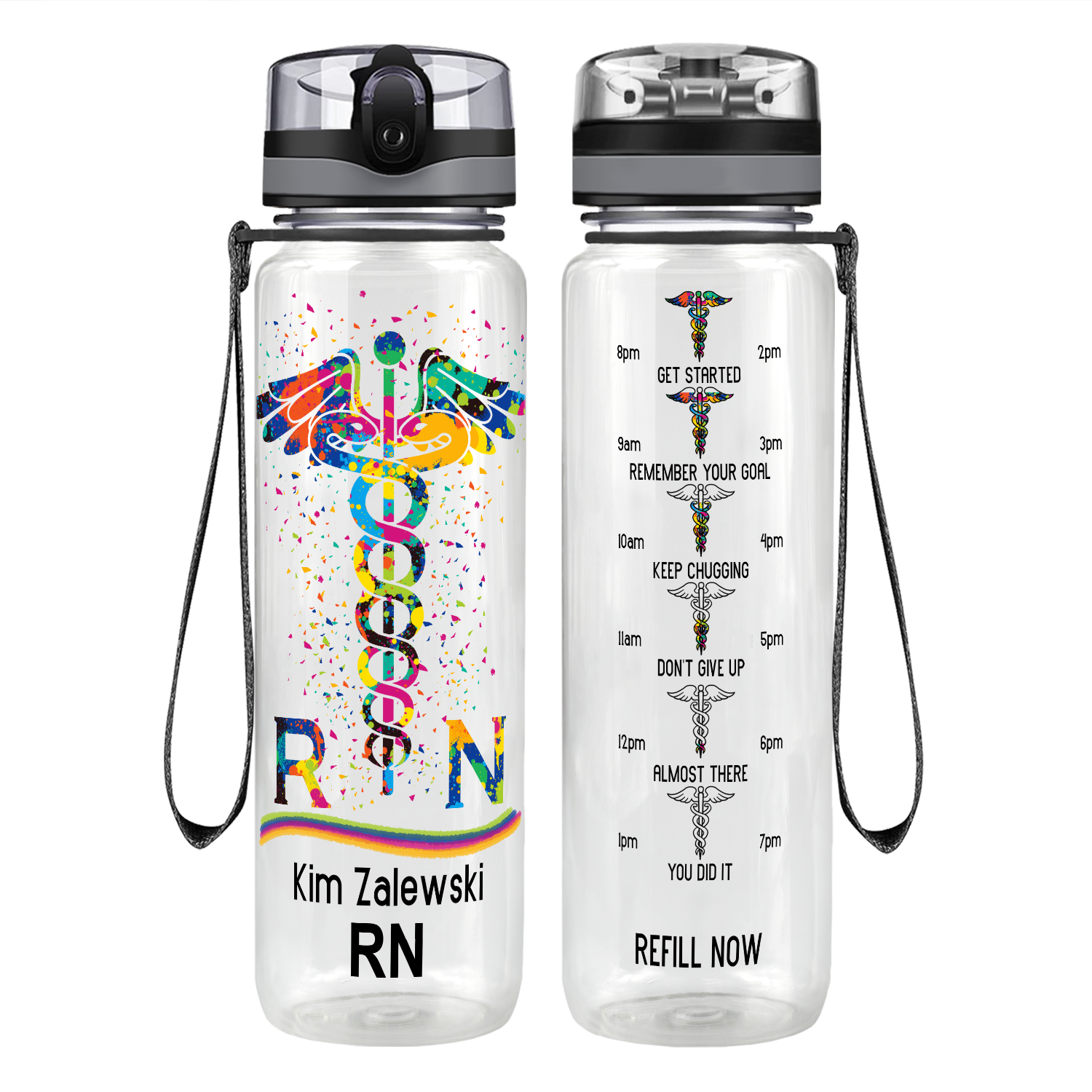 Personalized RN Caduceus Rainbow Motivational Tracking Water Bottle