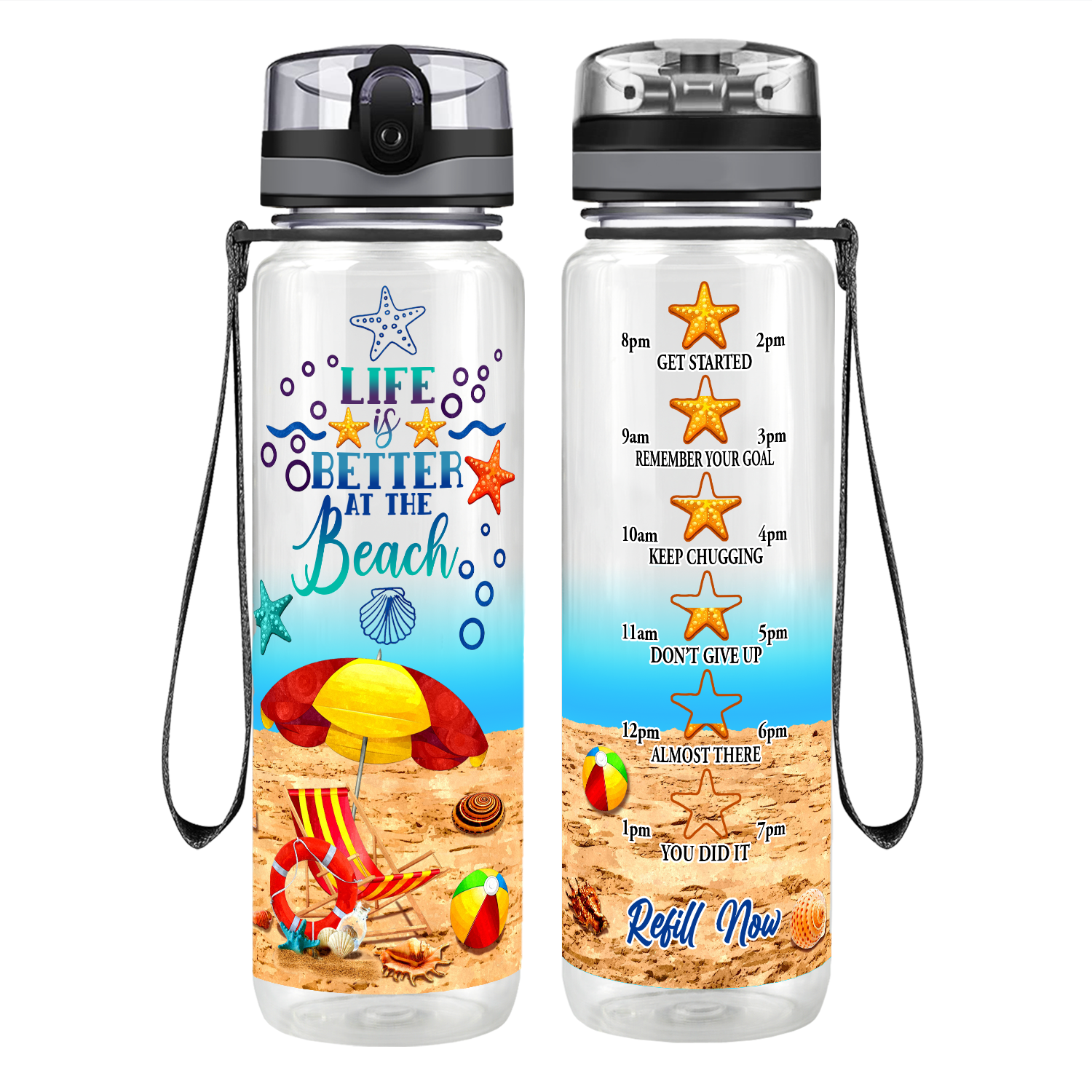 Personalized Life is Better at the Beach Umbrella Motivational Tracking Water Bottle