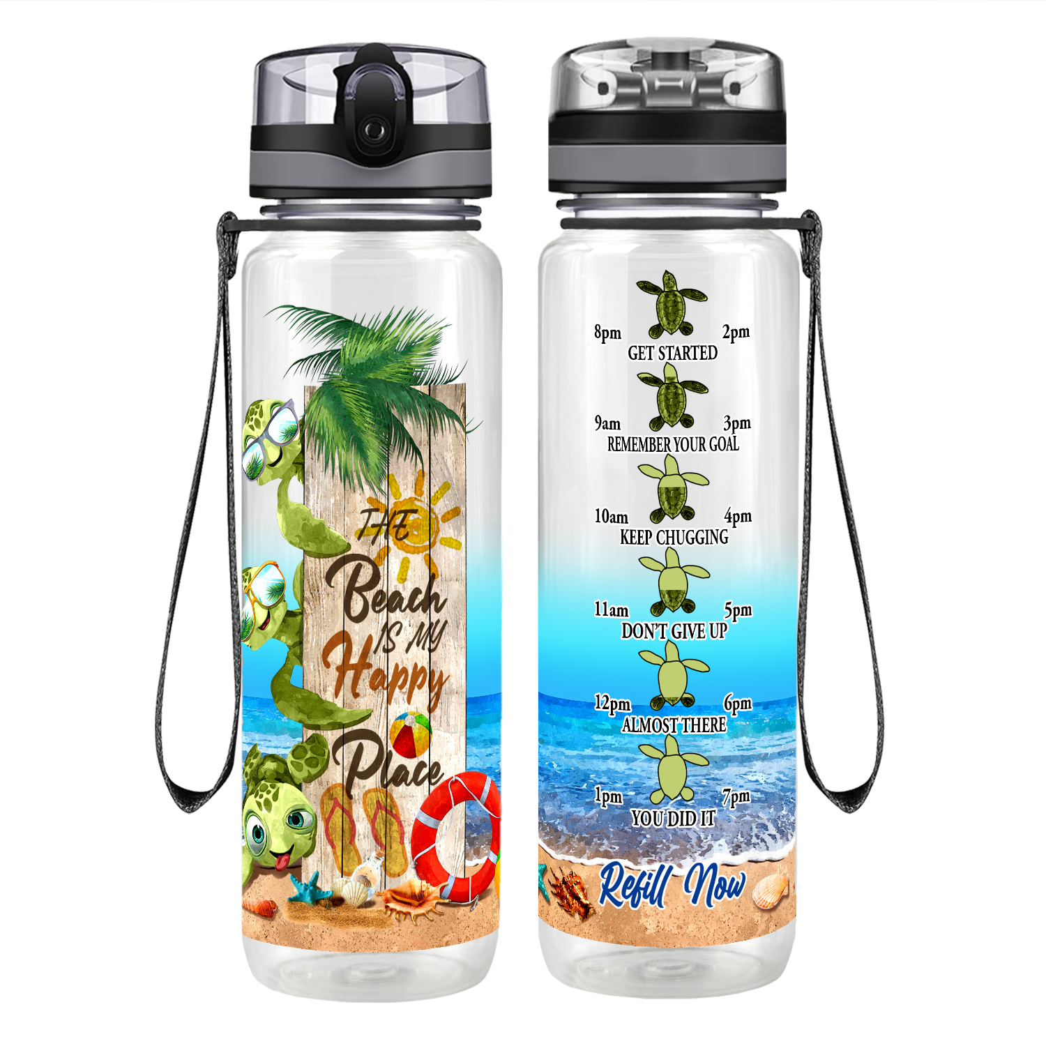 Personalized The Beach is My Happy Place Turtles Motivational Tracking Water Bottle
