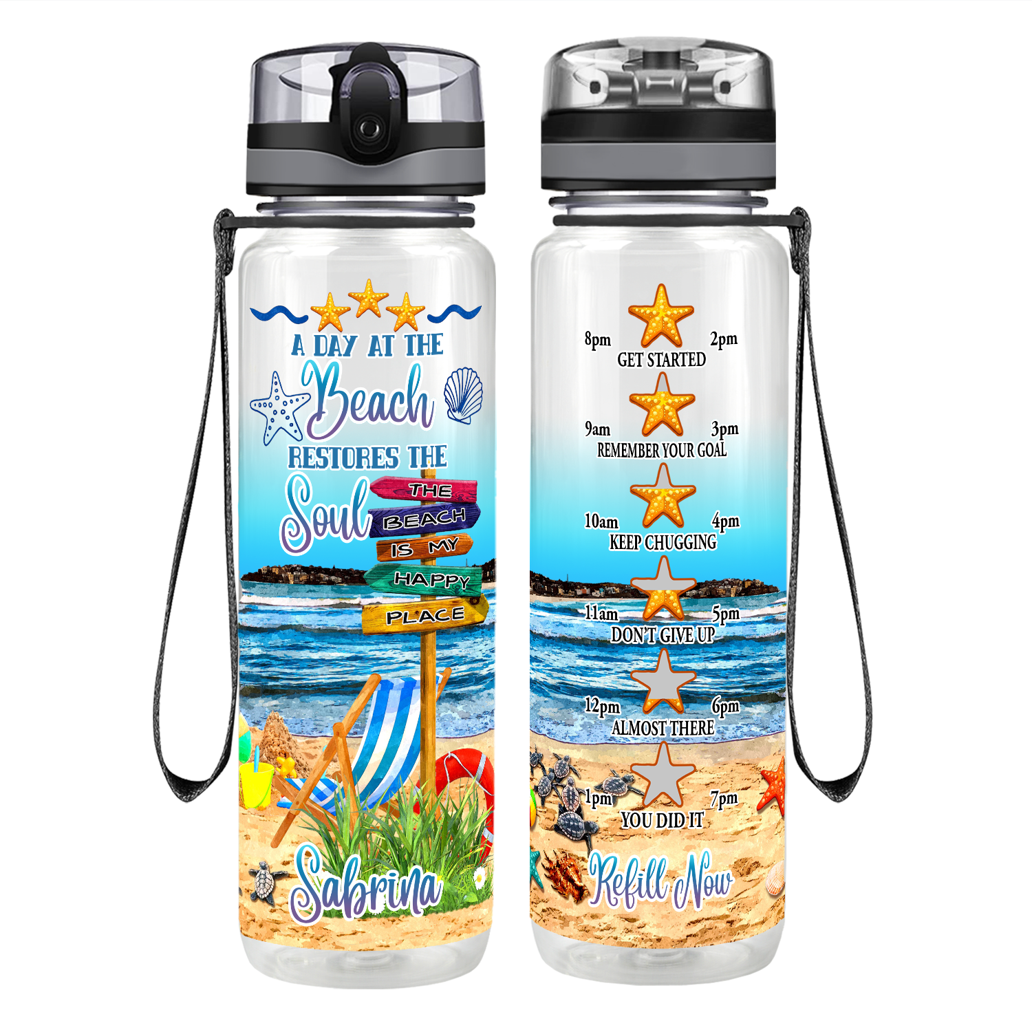 Personalized A Day at The Beach Restores Soul Motivational Tracking Water Bottle