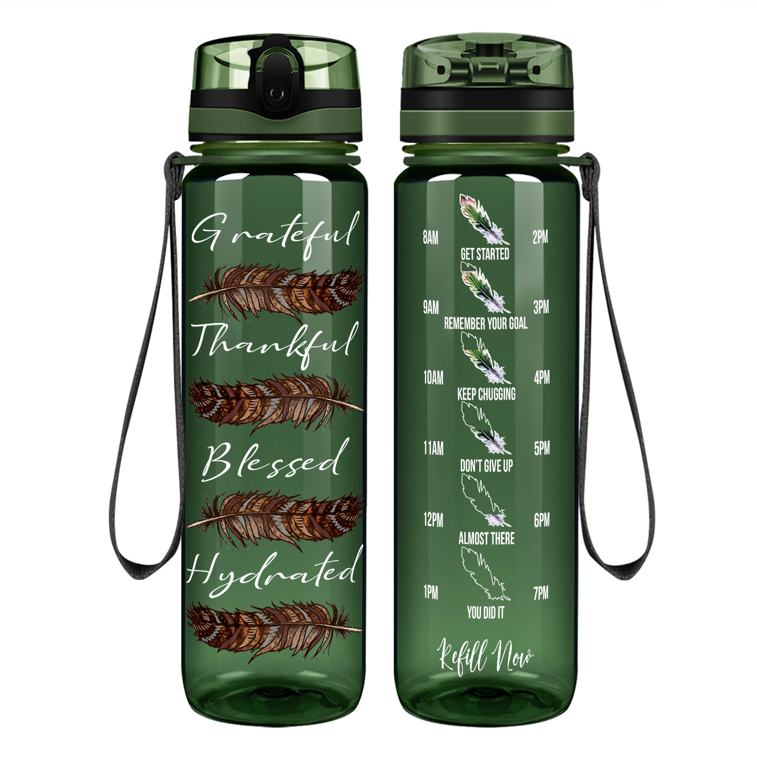 Grateful Thankful Blessed Hydrated with Feathers Motivational Tracking Water Bottle