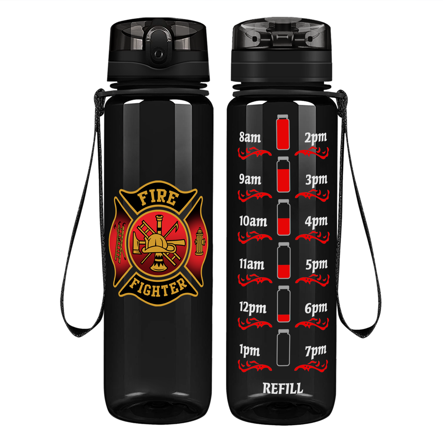 Black Red Fire Department Badge Motivational Tracking Water Bottle