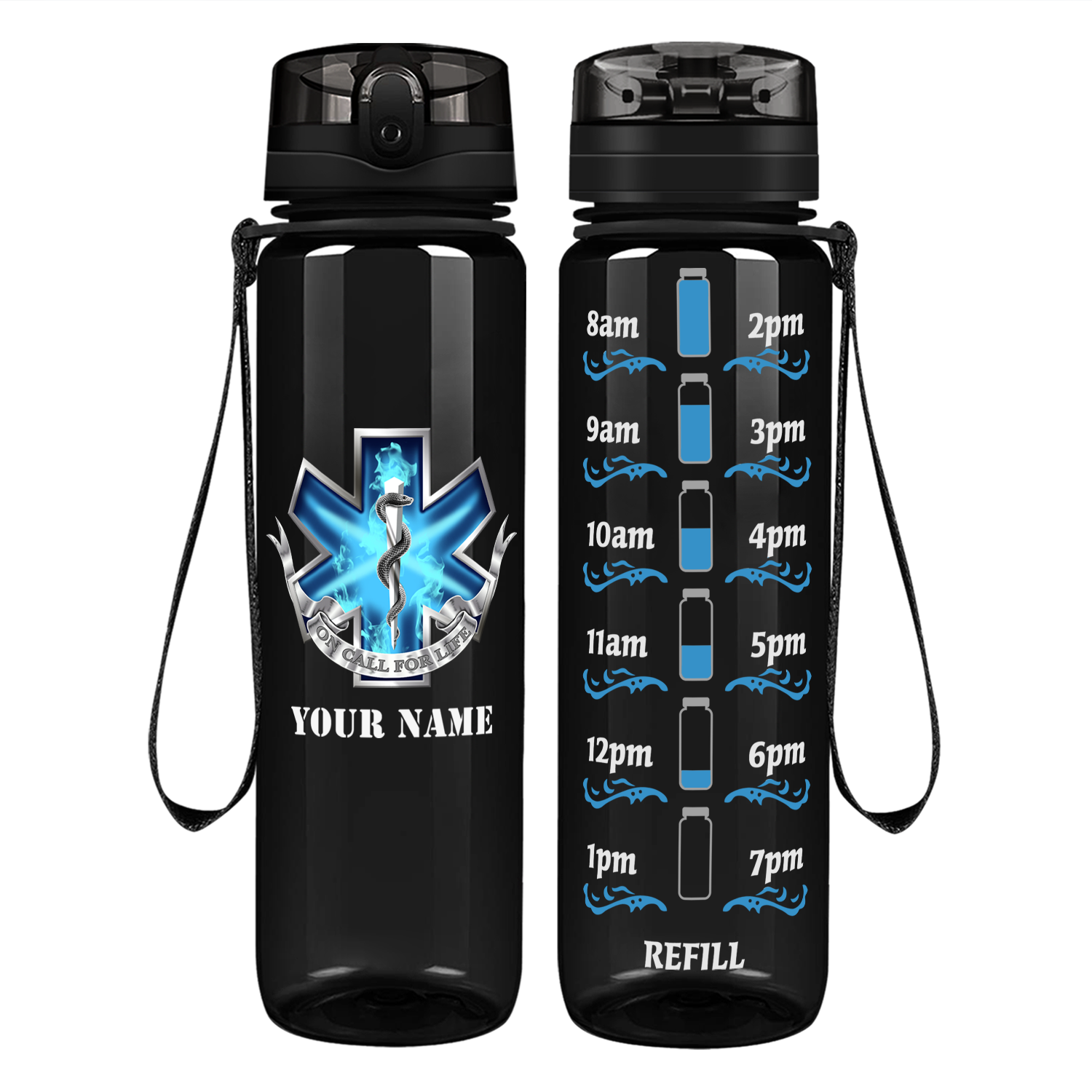 Personalized EMT EMS On Call for Life Blue Badge on 32 oz Motivational Tracking Water Bottle