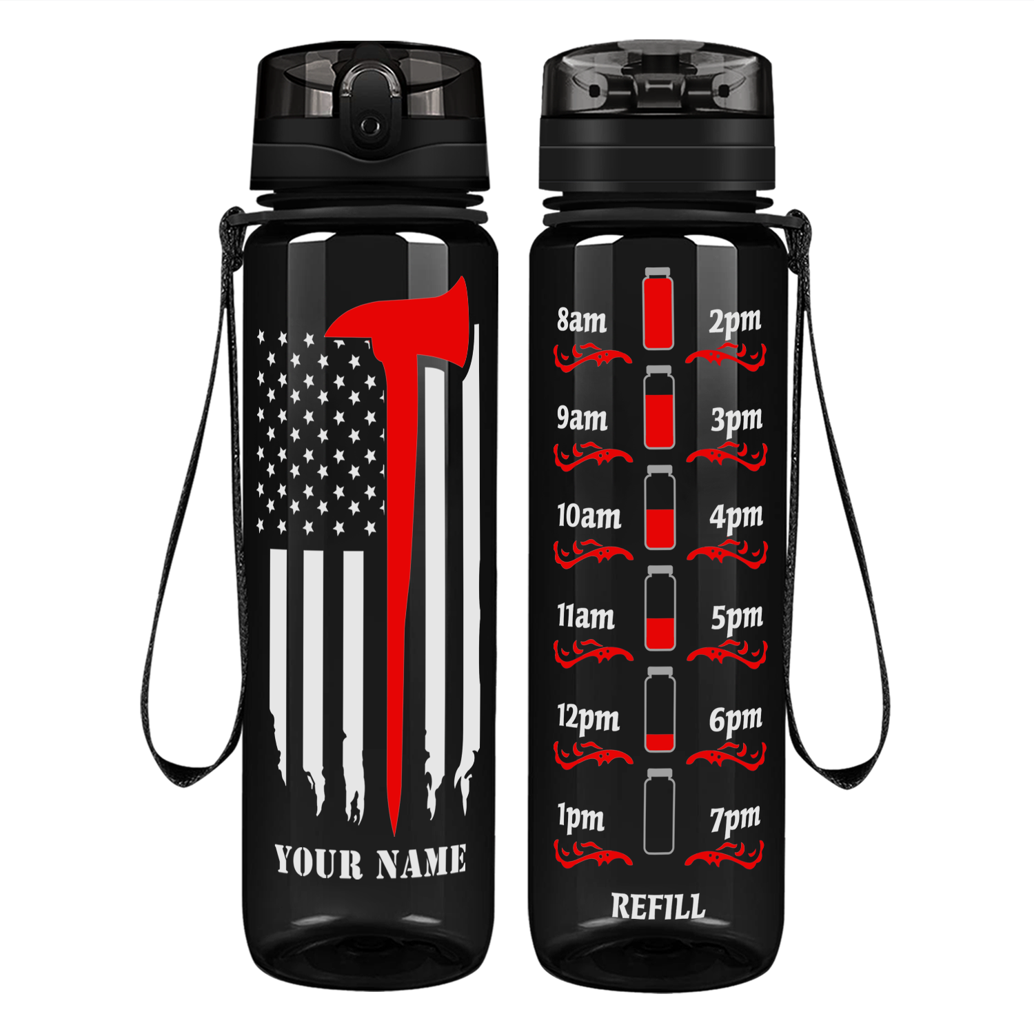 Personalized Firefighter Axe Flag on 32 oz Motivational Tracking Water Bottle