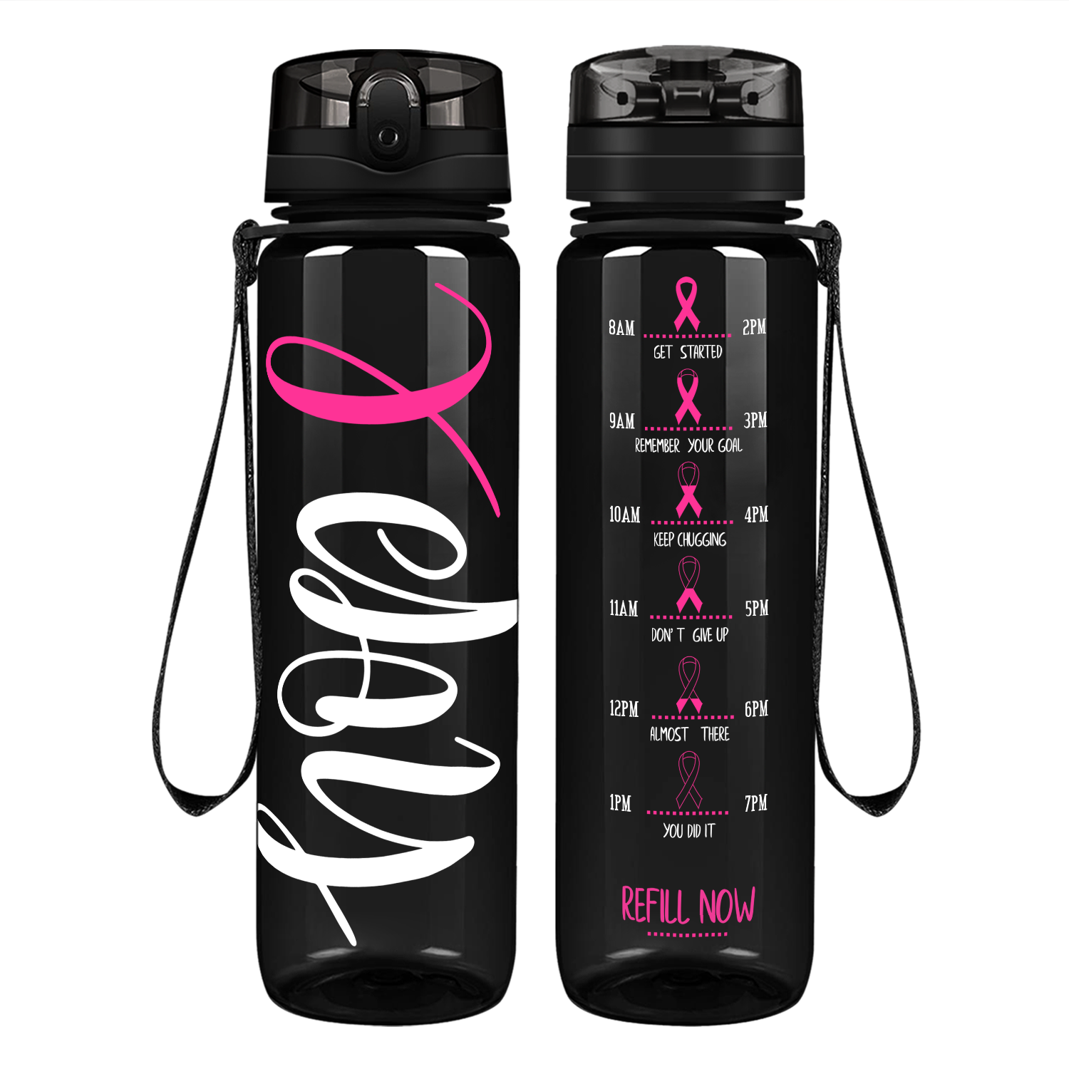 Hope Pink Ribbon on 32 oz Motivational Tracking Breast Cancer Awareness Water Bottle