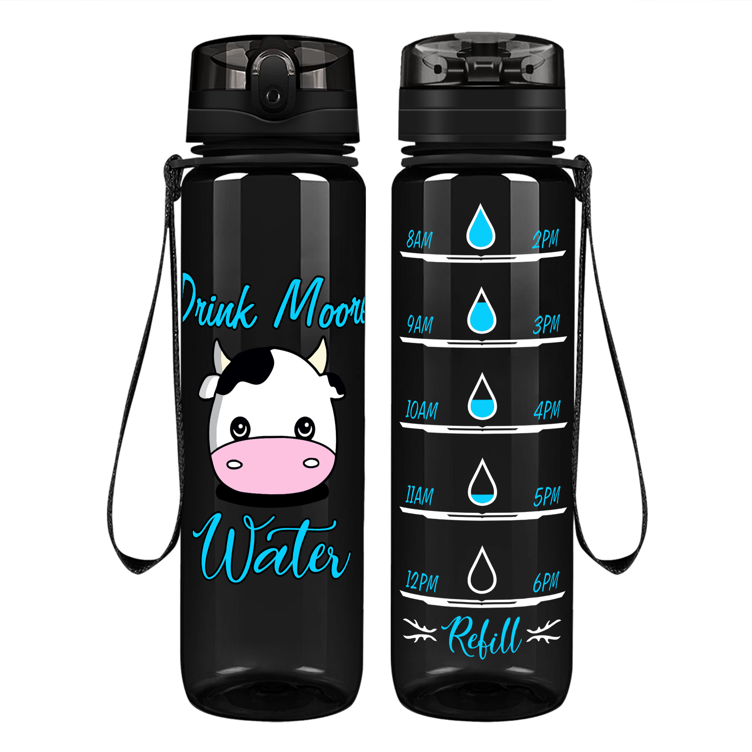 Drink Moo Water on 32 oz Motivational Tracking Water Bottle