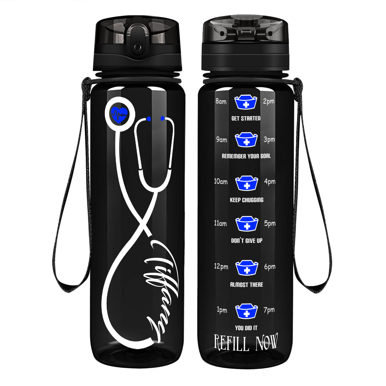 Personalized Nurse Stethoscope Blue Motivational Tracking Water Bottle
