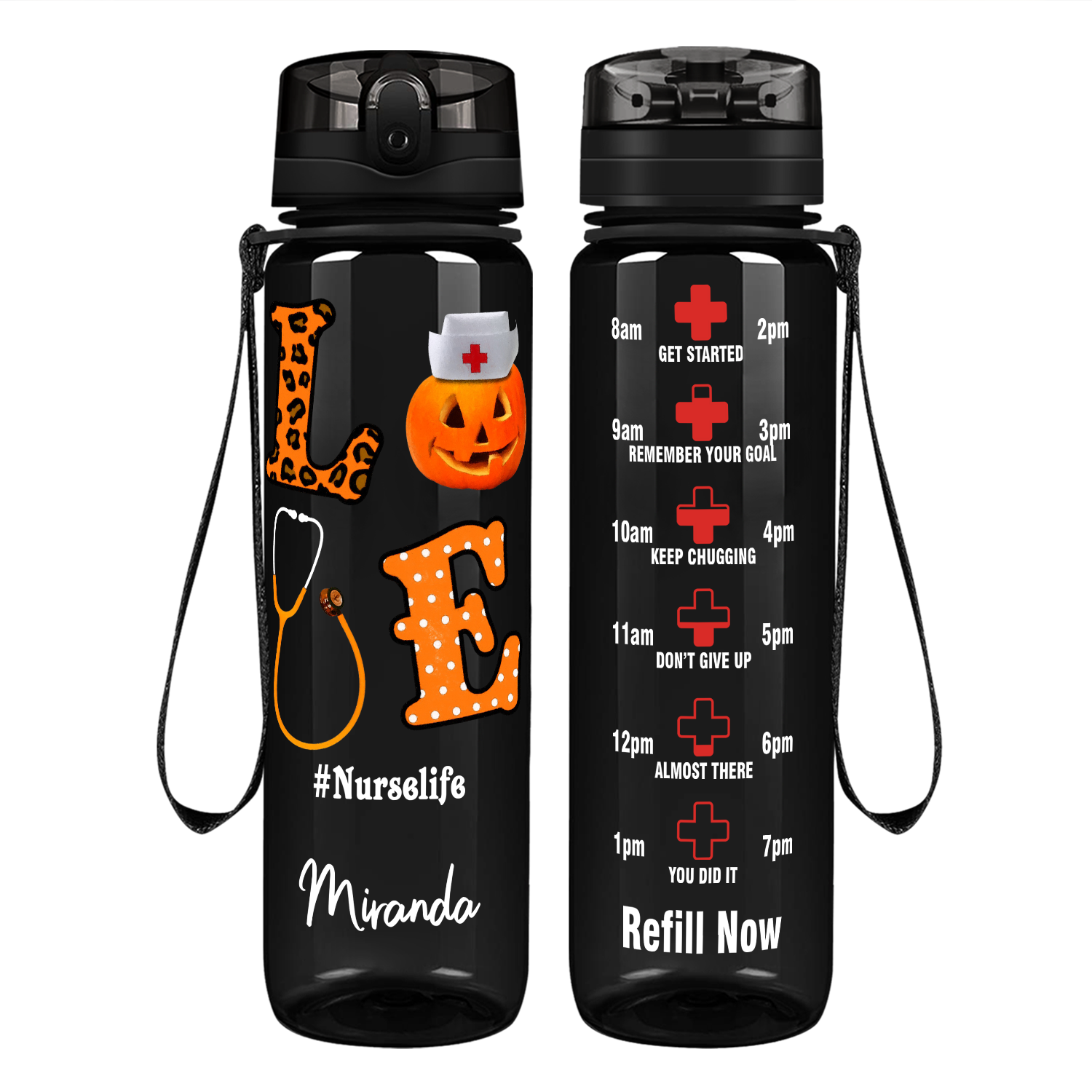 Personalized Love Halloween Nurse on 32 oz Motivational Tracking Water Bottle