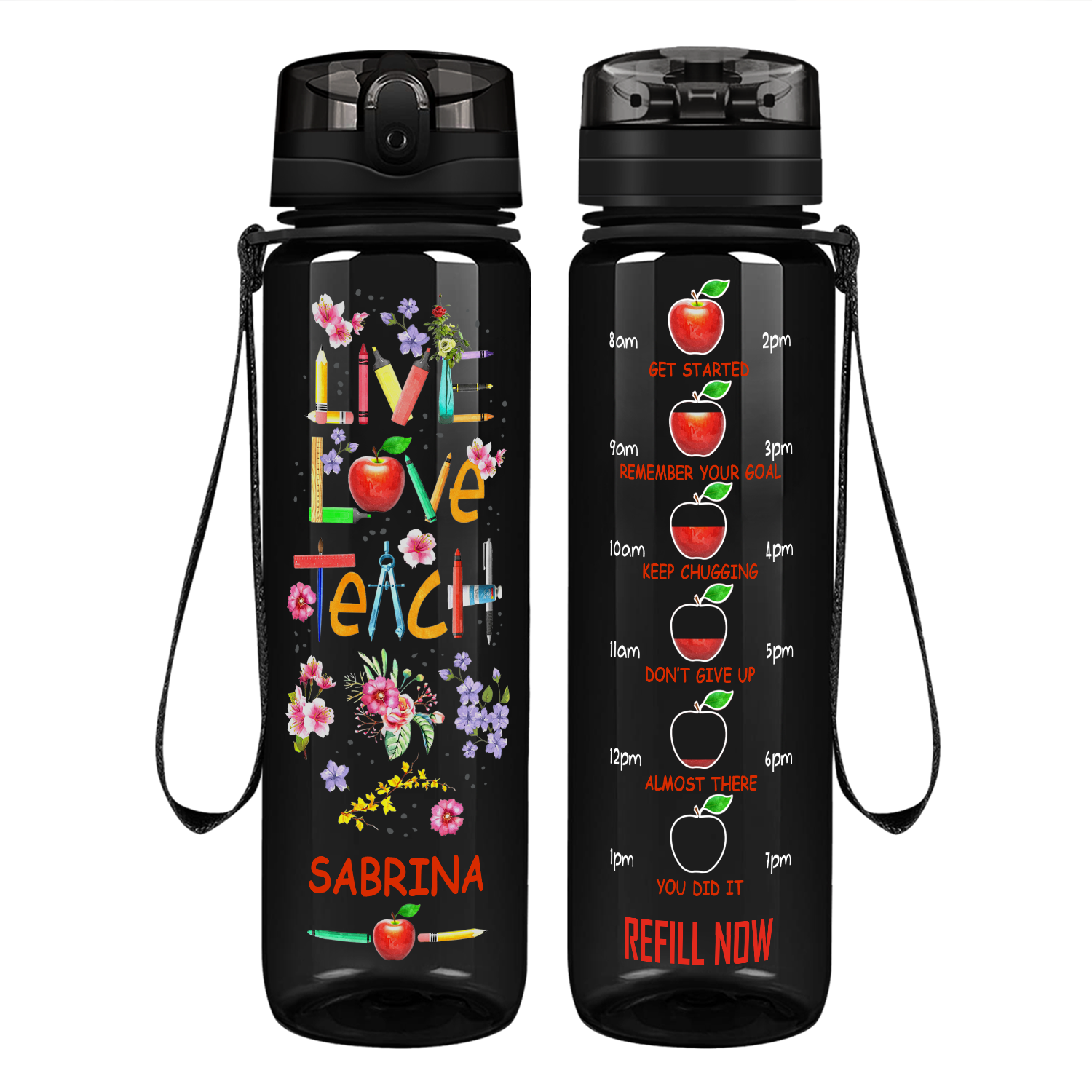 Personalized Live Love Teach on 32 oz Motivational Tracking Water Bottle