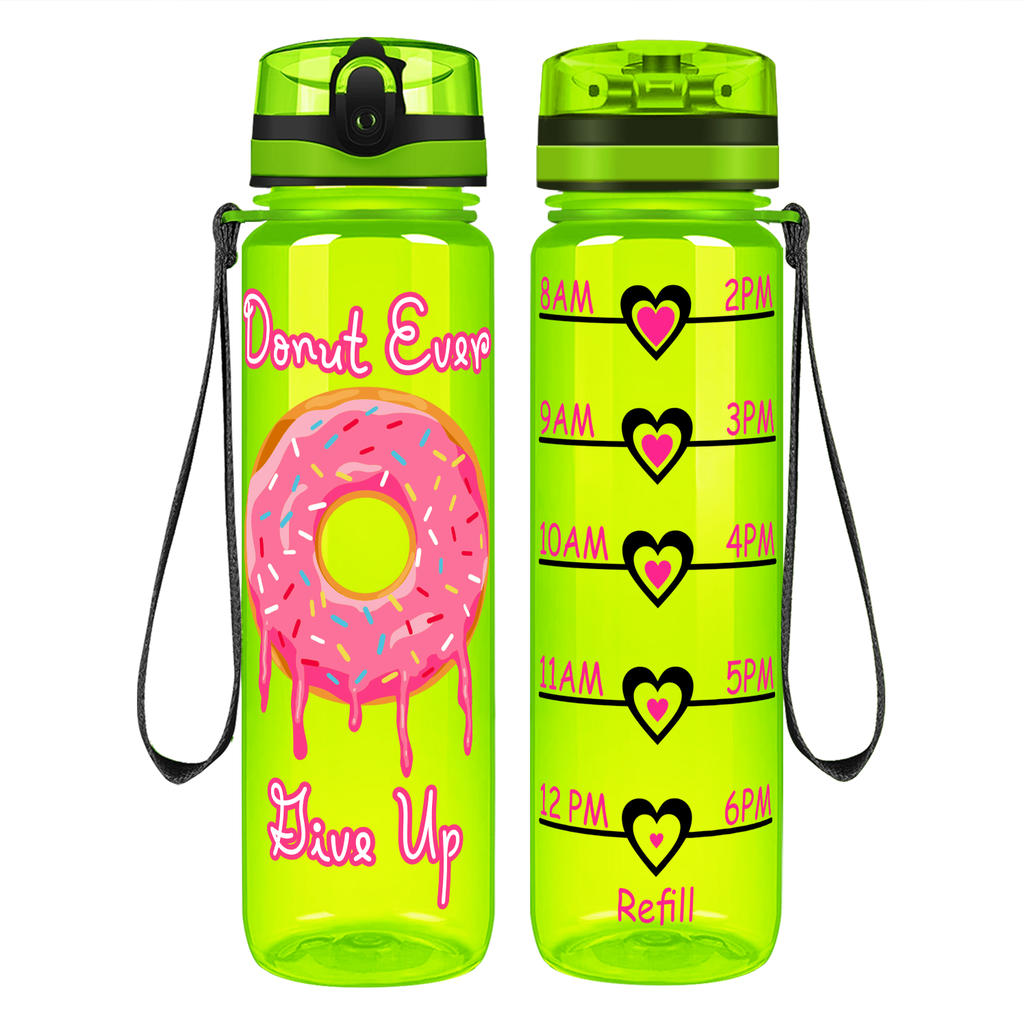 Donut Ever Give Up on 32 oz Motivational Tracking Water Bottle