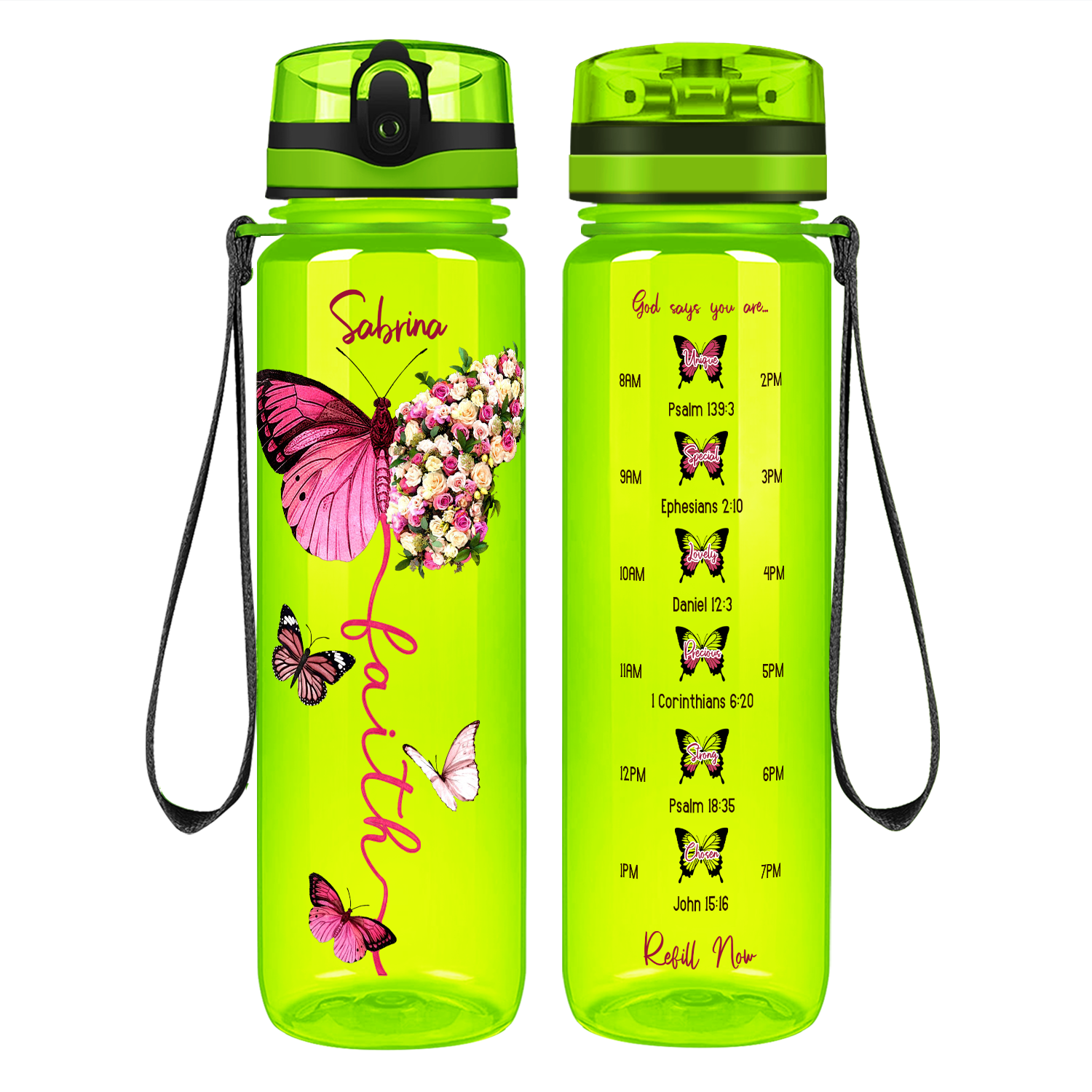 Personalized Faith Inspirational Pink Butterfly on 32 oz Motivational Tracking Water Bottle