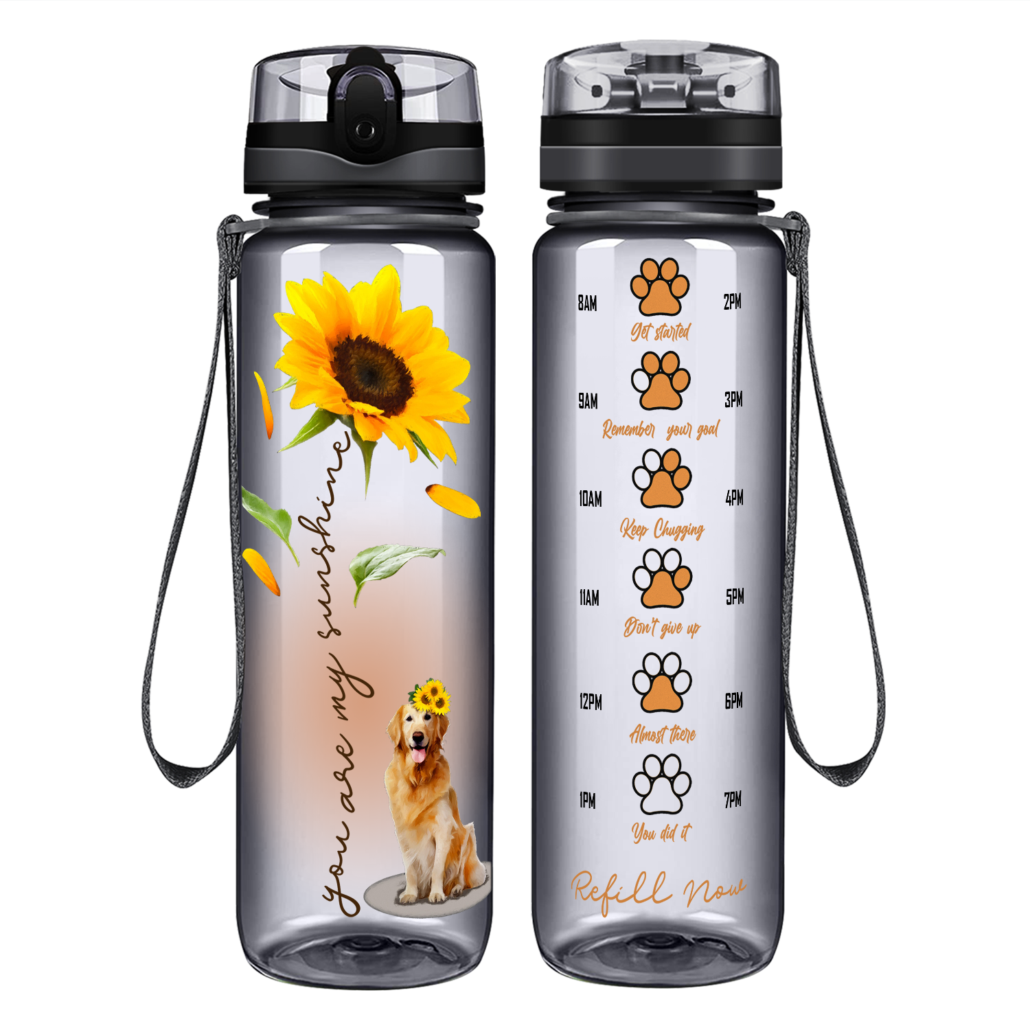 You Are My Sunshine Golden Retriever Sunflower on 32 oz Motivational Tracking Water Bottle