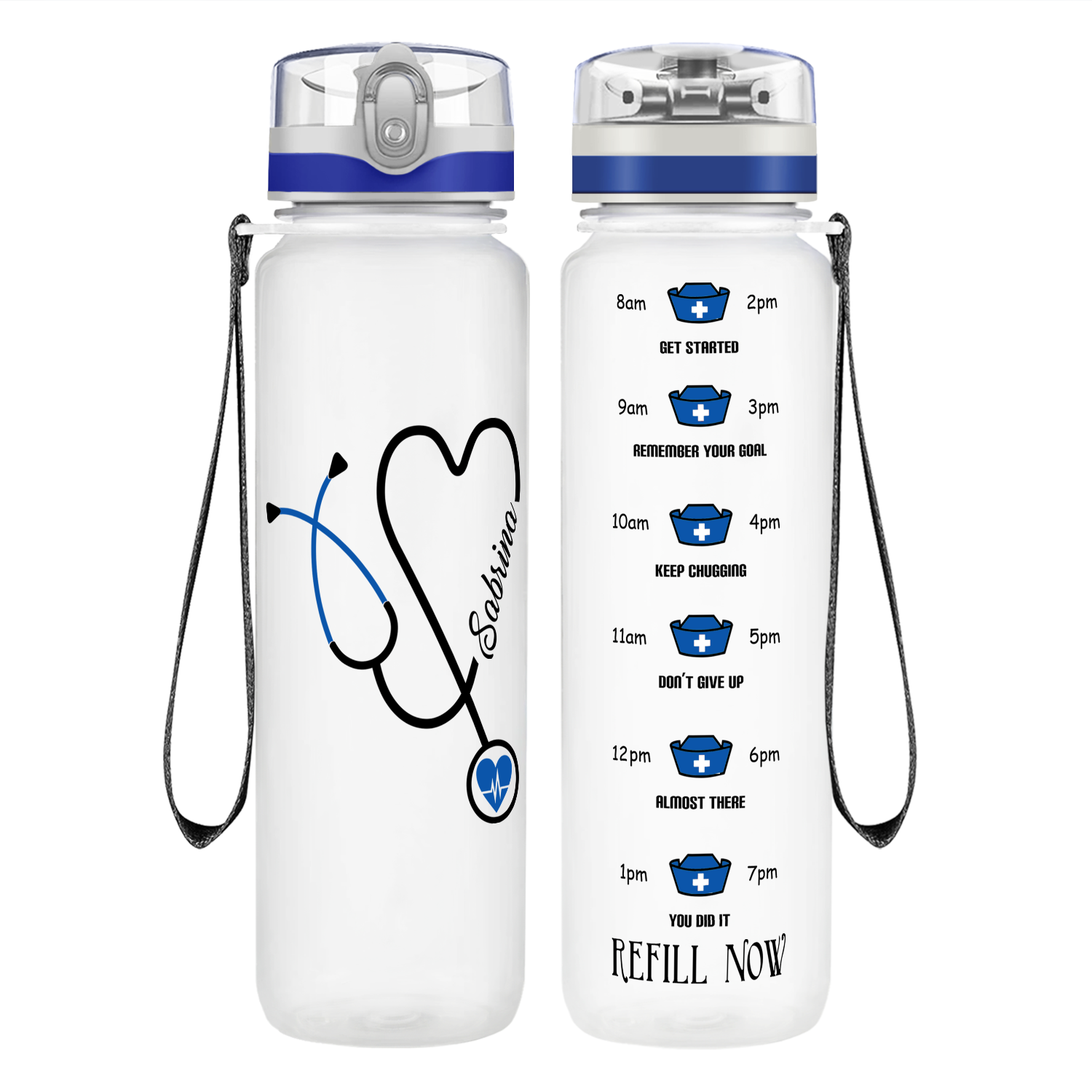 Personalized Nurse Water Bottle Blue Stethoscope Heart Motivational Tracking Water Bottle