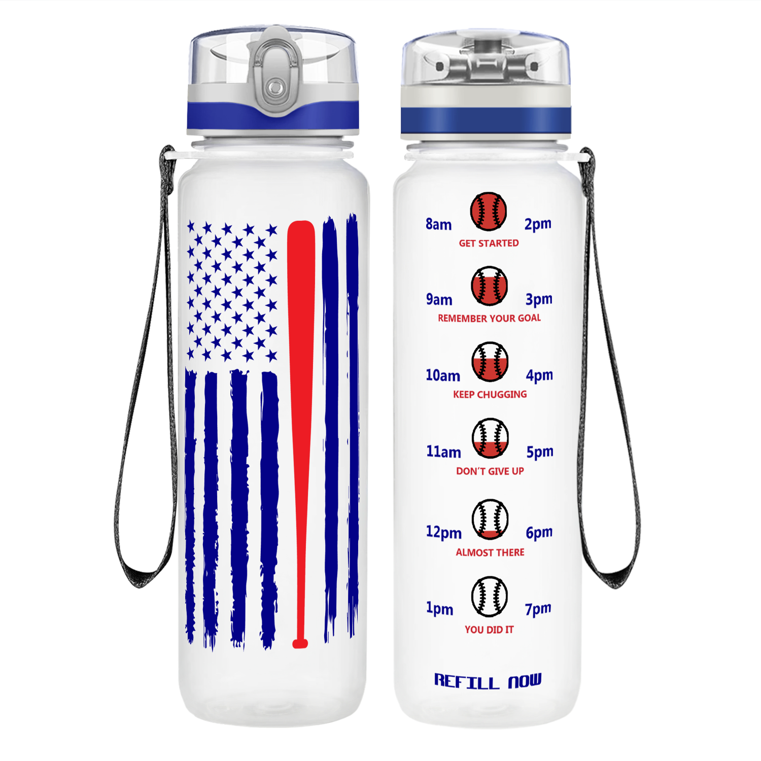Personalized Distressed Baseball Flag on 32 oz Motivational Tracking Water Bottle