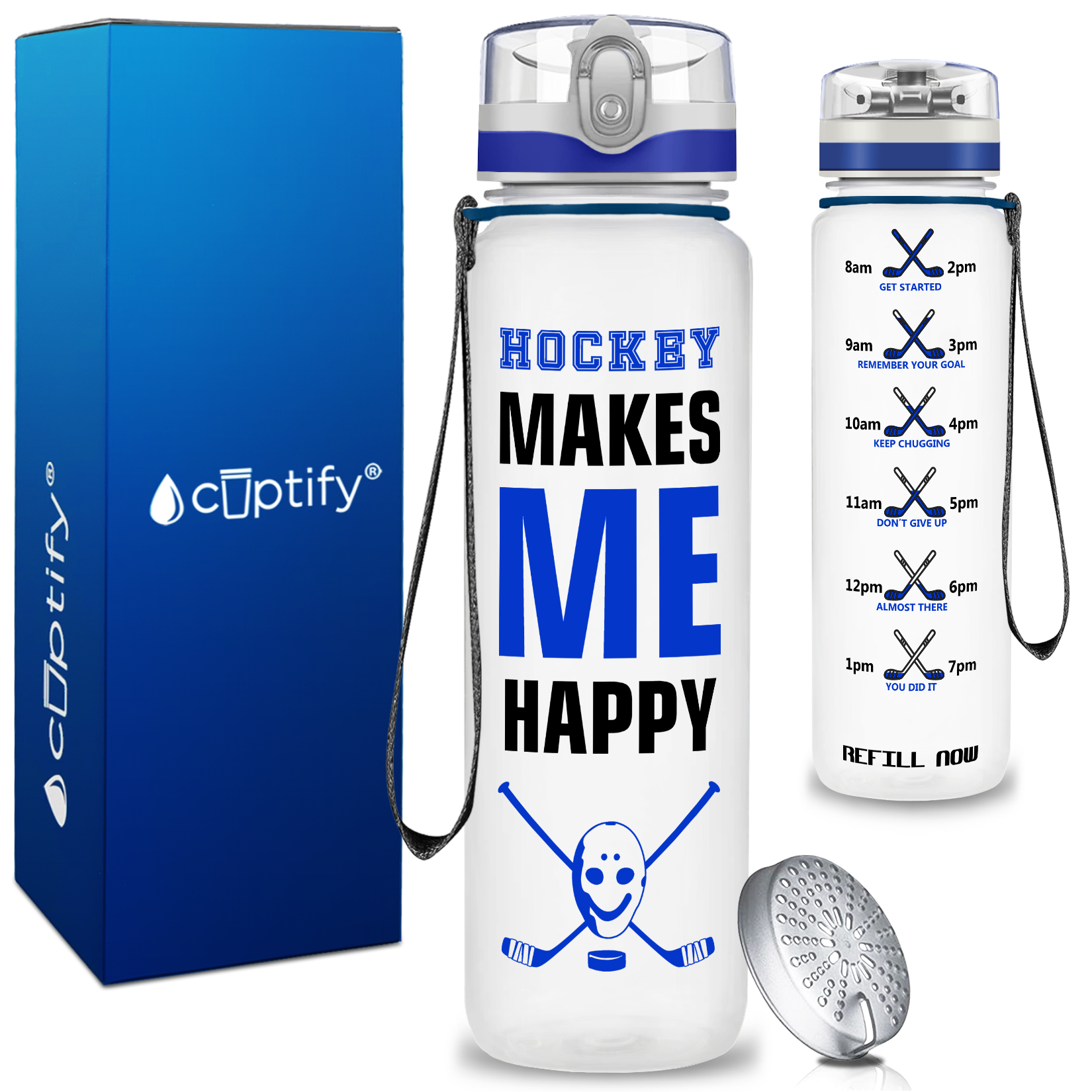 Personalized Hockey Makes Me Happy on 32 oz Motivational Tracking Water Bottle