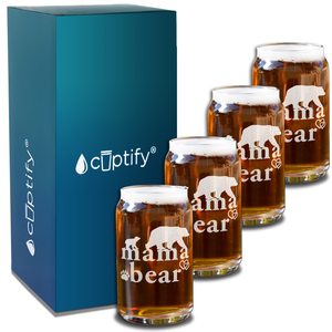 Mama Bear Etched on 5 oz Beer Glass Can - Set of Four