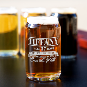 Personalized Year and Age Happy Birthday Over The Hill 5 oz Glass Can
