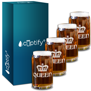 Queen Crown Etched on 5 oz Beer Glass Can - Set of Four