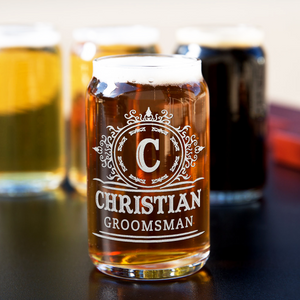 Personalized Groomsman Initial Etched on 5 oz Beer Glass Can - Set of Four