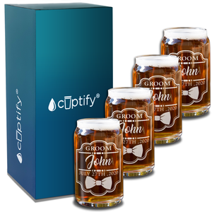 Personalized Groom Etched on 5 oz Beer Glass Can - Set of Four