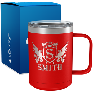 Personalized Monogram Initial Badge Crown Engraved on 15oz Coffee Mug