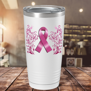 Floral Breast Cancer Awareness Ribbon on White 20oz Tumbler
