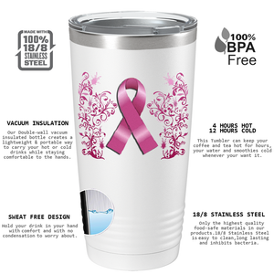 Floral Breast Cancer Awareness Ribbon on White 20oz Tumbler