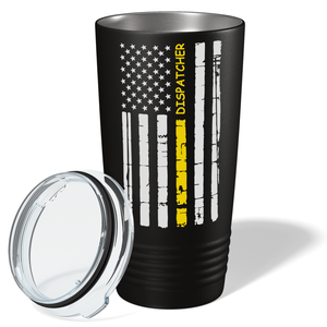 Distressed Dispatcher Thin Gold Line Flag 20oz Black Tumbler
