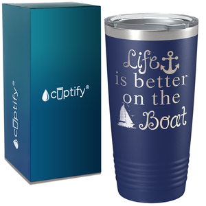 Life is Better on the Boat Blue on White 20 oz Stainless Steel Tumbler