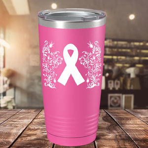 Floral Breast Cancer Awareness Ribbon on Pink 20oz Tumbler