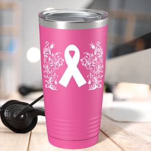 Floral Breast Cancer Awareness Ribbon on Pink 20oz Tumbler