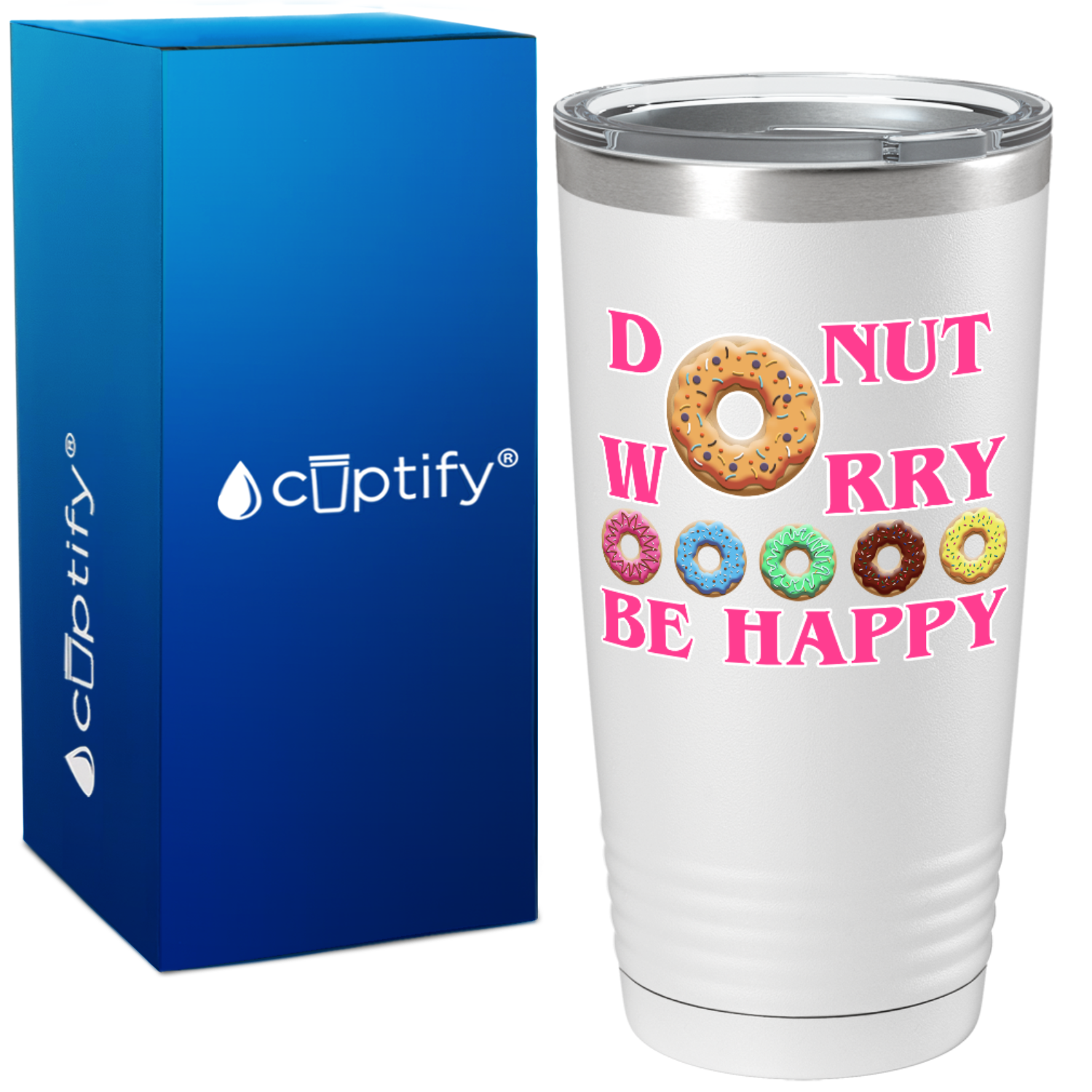 Donut Worry be Happy Sprinkle Donuts on White Donut 20oz Tumbler
