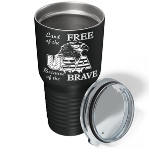 Land of Free Because of the Brave on Black 30 oz Stainless Steel Tumbler