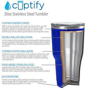Custom Laser Engraved 30oz Blue Gloss Stainless Steel Tumbler