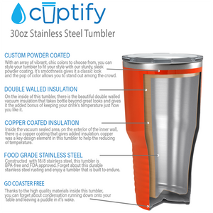 Custom Laser Engraved 30oz Orange Gloss Stainless Steel Tumbler