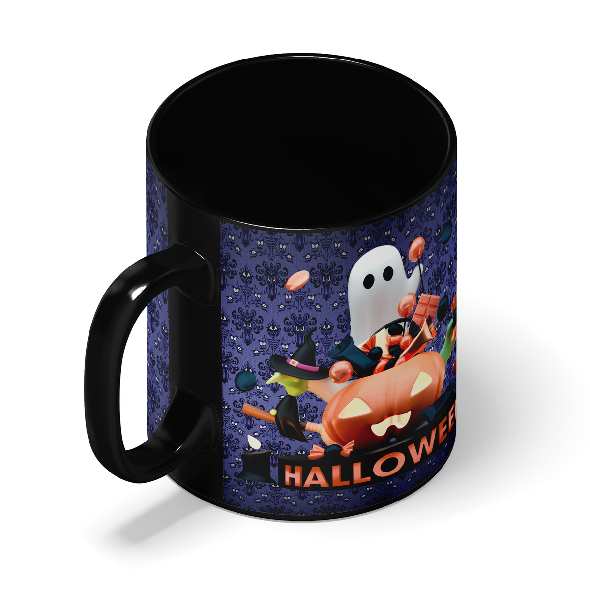 Halloween Candy Ghost on 11oz Ceramic Black Coffee Mug