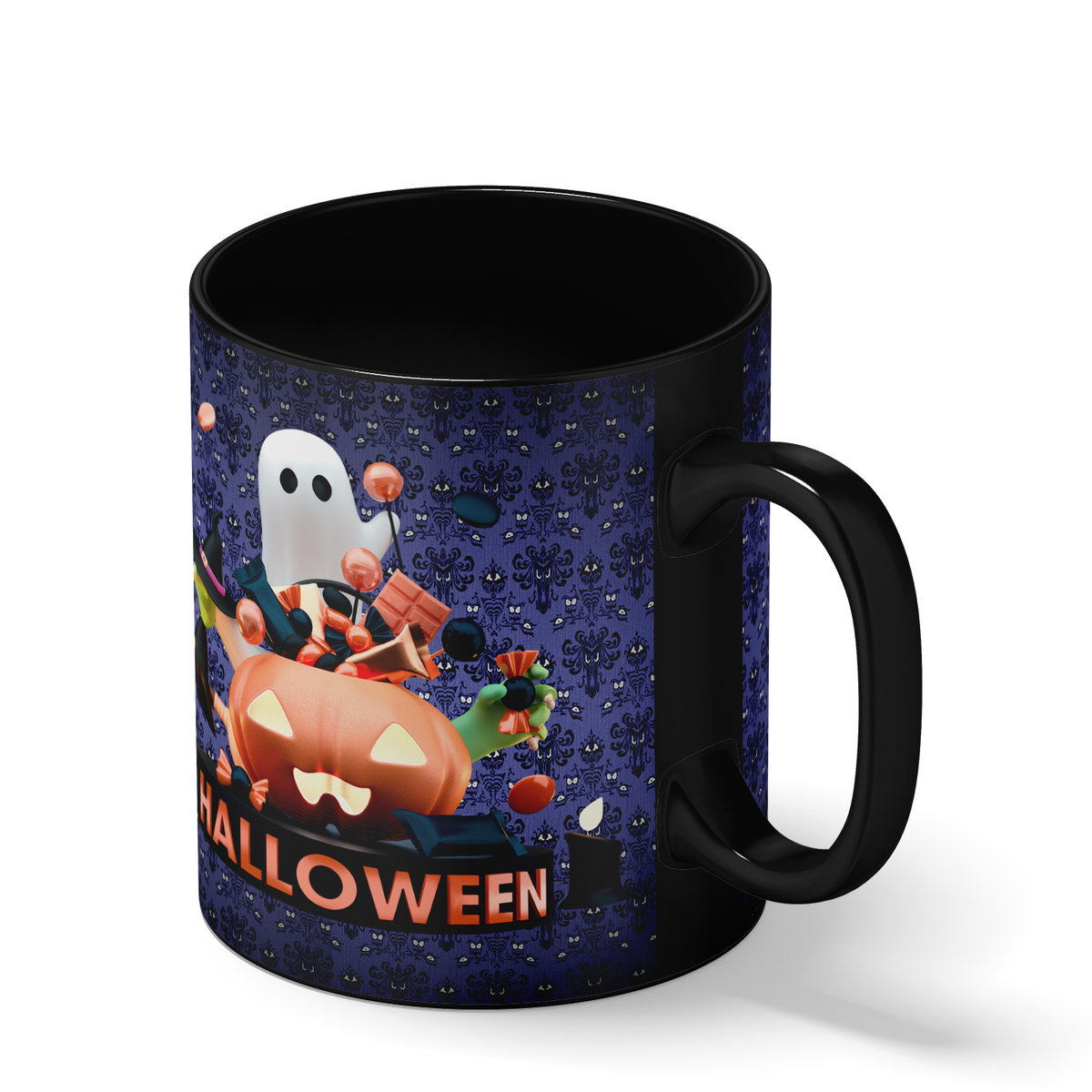 Halloween Candy Ghost on 11oz Ceramic Black Coffee Mug