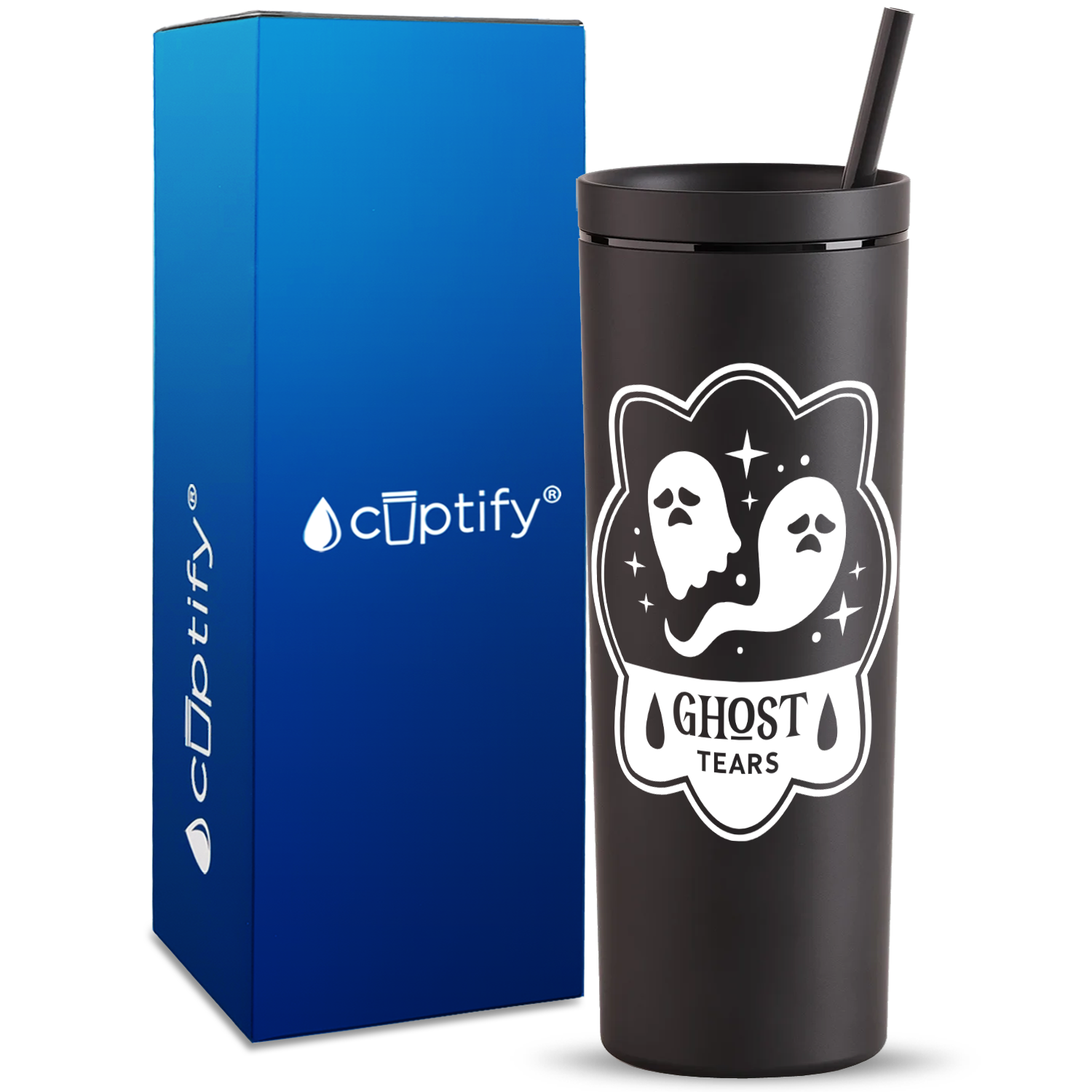 Ghost Tears on Black 18oz Acrylic Halloween Skinny Tumbler