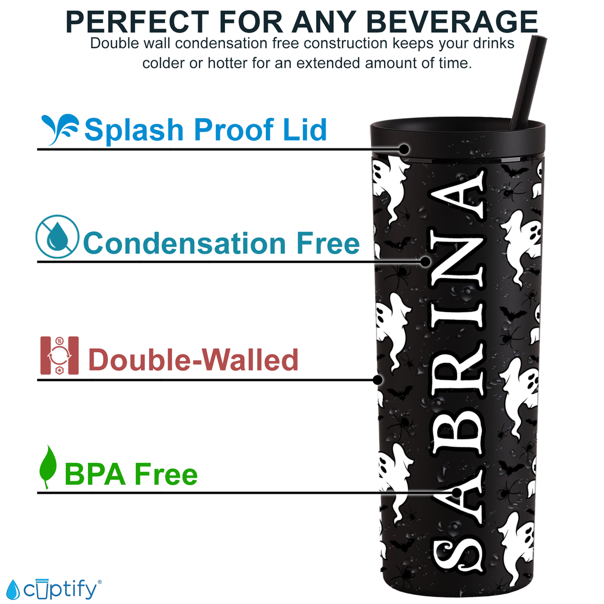 Ghosts Bats and Spiders 18oz Acrylic Personalized Halloween Tumbler