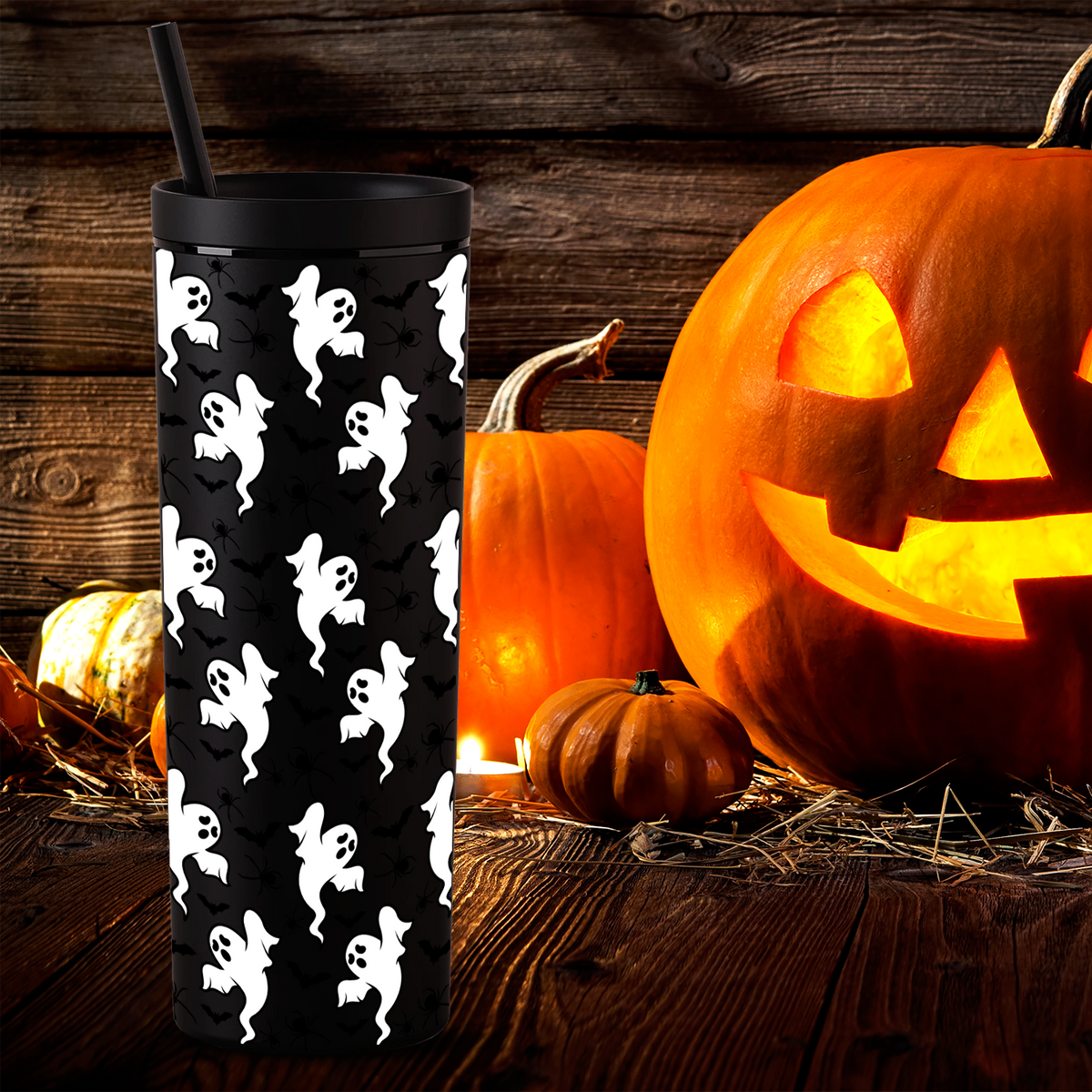 Ghosts Bats and Spiders 18oz Acrylic Personalized Halloween Tumbler