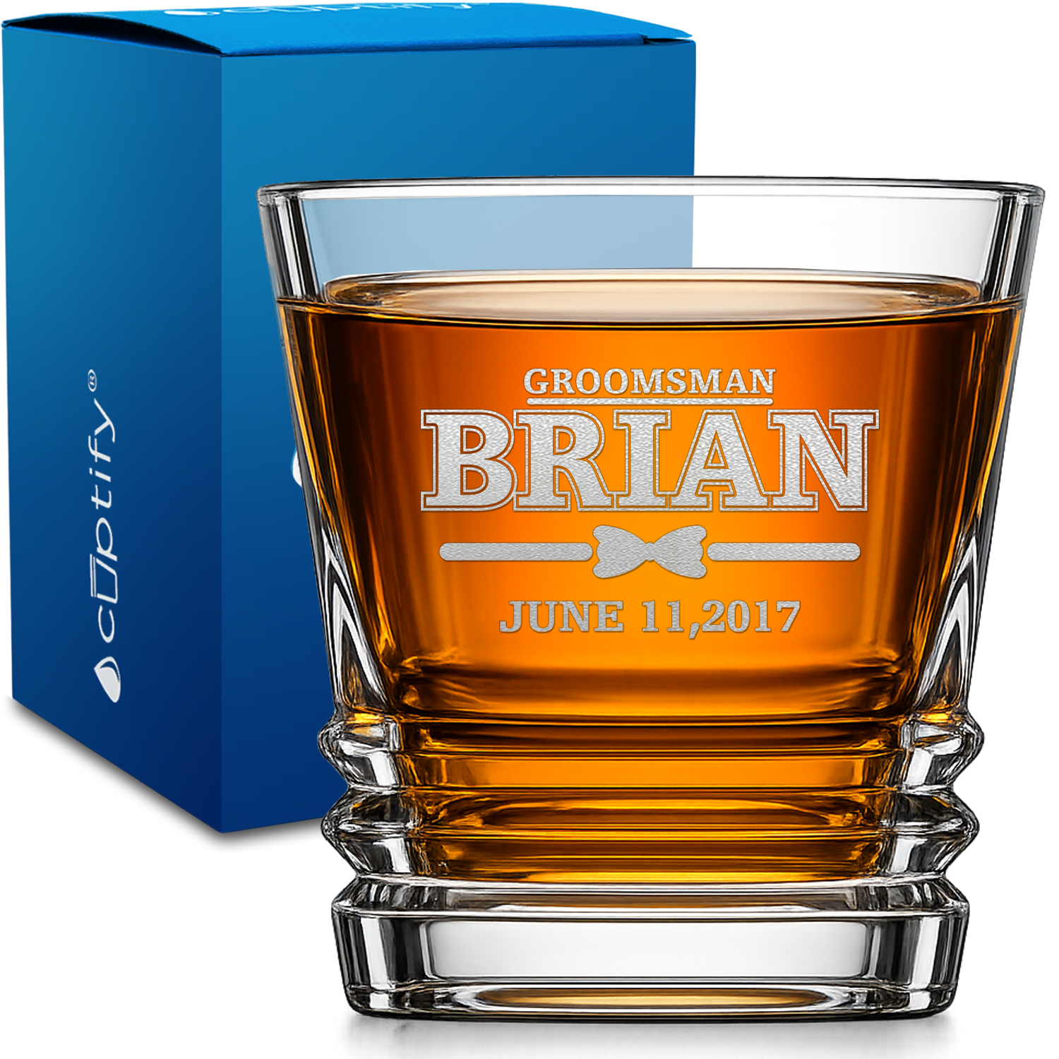 Personalized Dated Bow Tie Groomsman design on 10oz Accordion Whiskey Glass