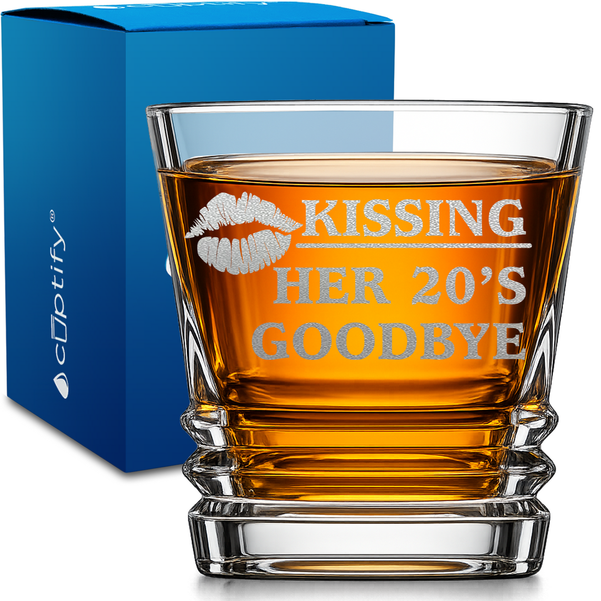 Kissing Her 20's Goodbye 30th Birthday design on 10oz Accordion Whiskey Glass