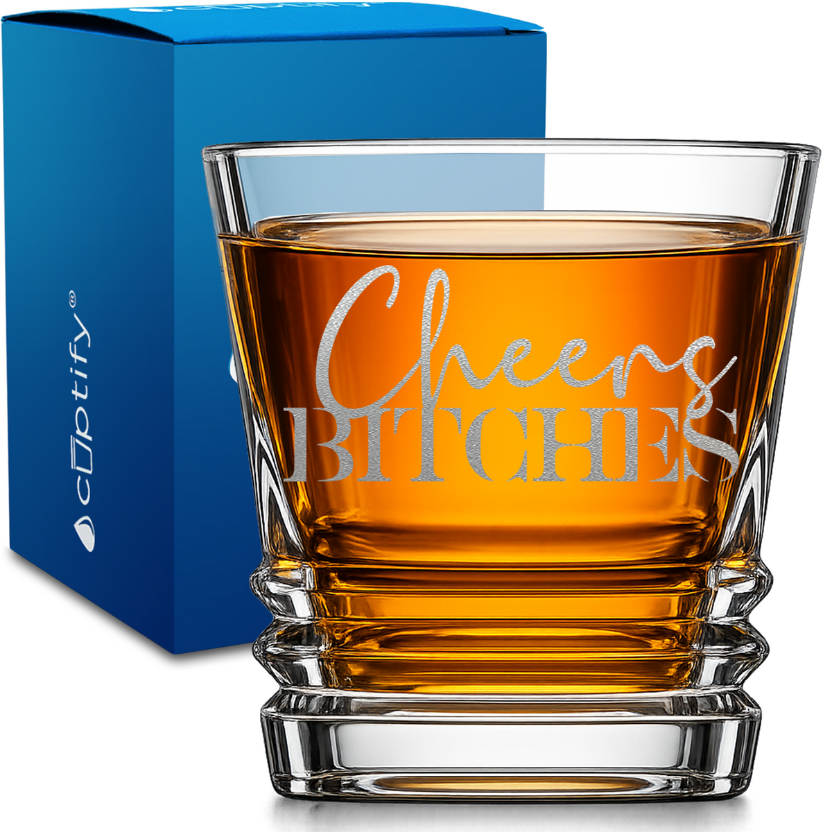Cheers Bitches design on 10oz Accordion Whiskey Glass