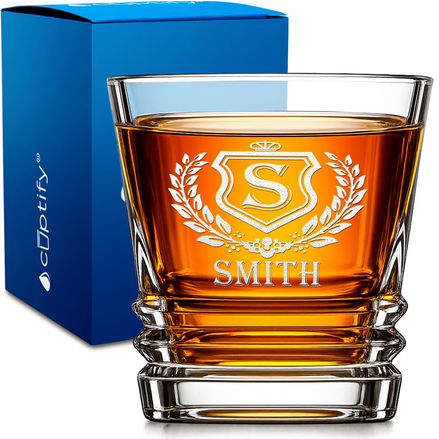 Personalized Crowned Laurel Monogram design on 10oz Accordion Whiskey Glass